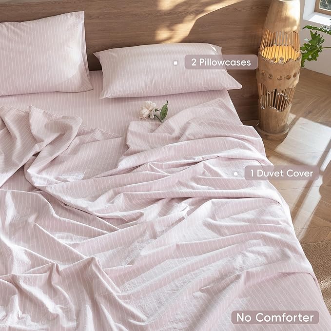 MooMee Striped Duvet Cover Set 100% Washed Cotton Linen Like Textured Breathable Durable Soft Comfy (Heathered Greyish Pink White Wide Stripes, Oversized Full 82"x86")