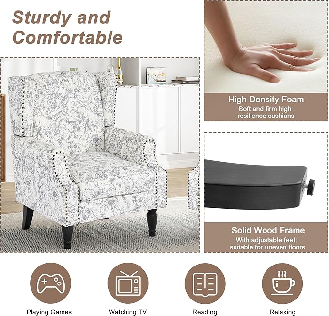 Pia Ricco Set of 2 Floral Accent Chairs, High Back Upholstered Armchairs with Retro Wingback Design, Nailhead Trim & Solid Wood Legs for Living Room Bedroom Home Office(Rococo Light Gray)