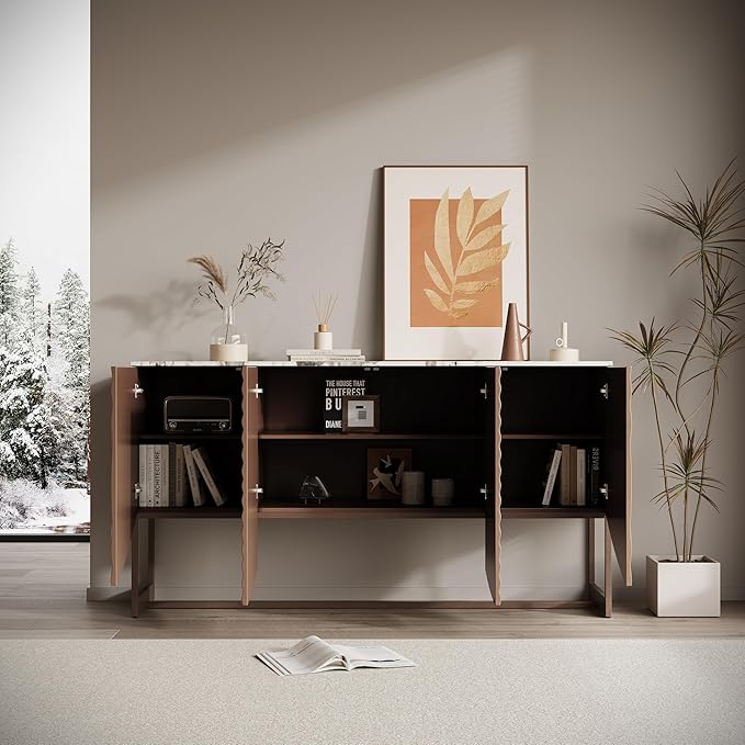3D Water Wave Sideboard with Hidden Light - Drawer & Shelf Storage, Easy-Clean Grooved Glass,Multi-Functional Modern Cabinet for Dining Living Room,Black Blue Green (Brown)