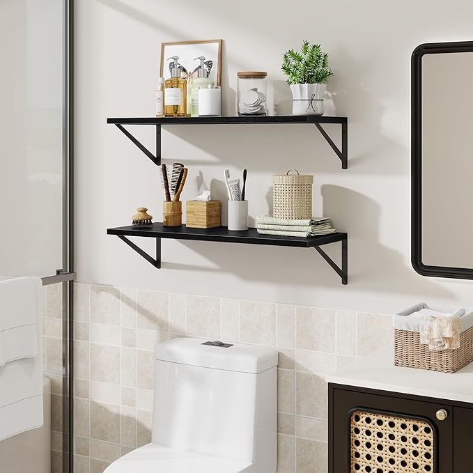 Deep Floating Shelves for Wall,30" Wx10 D Wood Floating Shelf Set of 2,Sturdy Metal Bracket Wide Display & Storage,Wall Mounted Hanging Floating Shelves for Living Room,Bedroom,Kitchen,Black