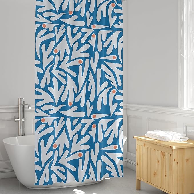 Matisse Blue and White Boho Modern Fabric Shower Curtain, Abstract Floral Art Shower Curtain, 72x72 Inches (Matisse)