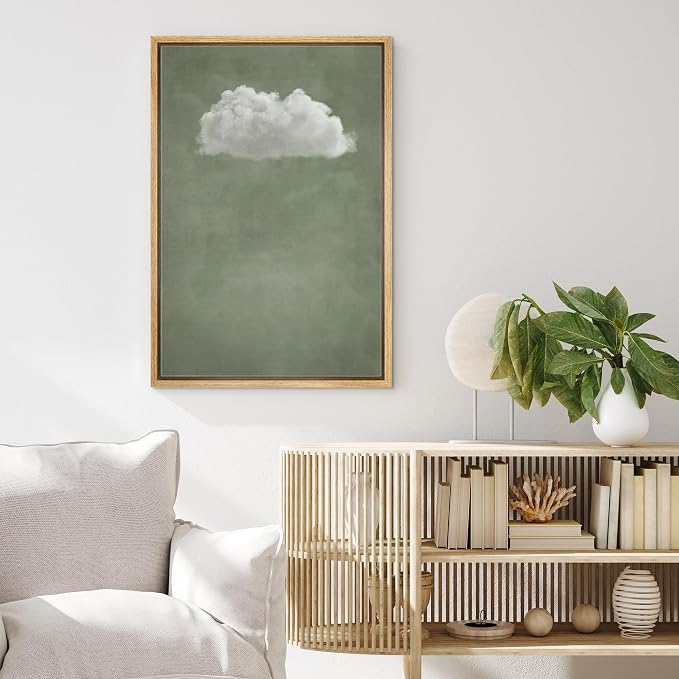 MUDECOR Framed Canvas Print Wall Art Minimalist Floating Cloud Modern Green Sky Illustrations Modern Art Minimal Relax for Living Room, Bedroom, Office - 24"x36" Natural