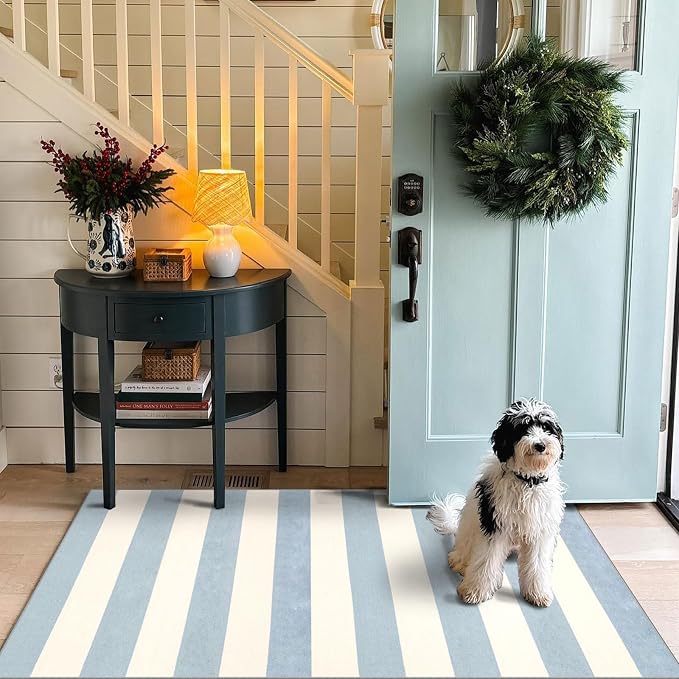 3x5 Entry Rug - Small Washable Indoor Outdoor Mats for Front Door Non-Slip Porch Rug Summer Blue White Coastal Striped Throw Rugs for Bedroom Entryway Kitchen Office Mudroom Front Porch Decor