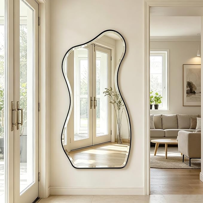 POZINO Irregular Beveled Mirror, 53"x25" Asymmetrical Wall Mirror with Black Metal Frame, Organic Shape Floor Mirrors for Entryway Living Room Bedroom Hallway, Leaning/Wall-Mount