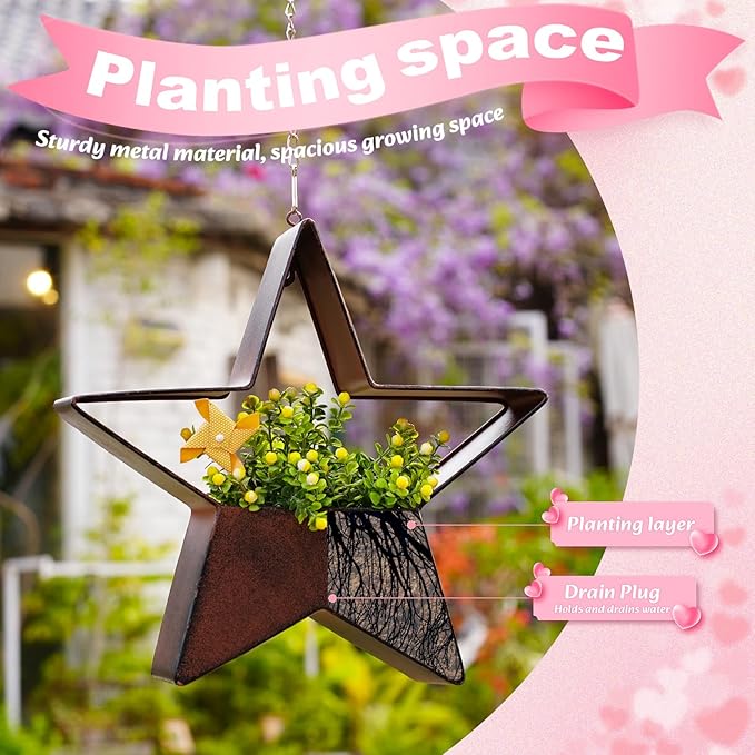 Metal Plant Hangers Indoor and Outdoor: Valentines Day Gifts for Her Wife Women Mom Garden Lovers Birthday - Star Shape Hanging Planters for Window Wall Living Room Office Decor(Rustic)