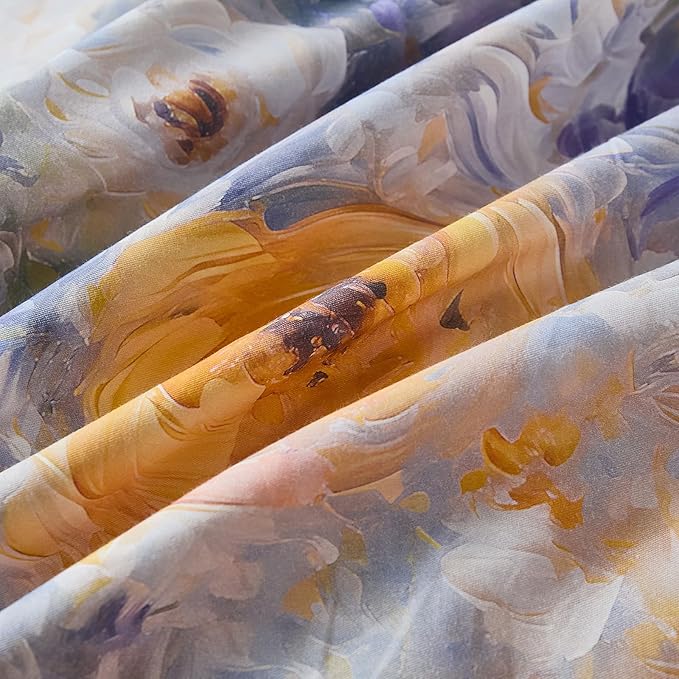 100% Cotton Duvet Cover Queen Size – Impressionist Natural Yellow & Blue Floral Duvet Cover Set with Zipper Closure, 3-Piece Soft Breathable Durable Percale Cotton Bedding Set for All Seasons