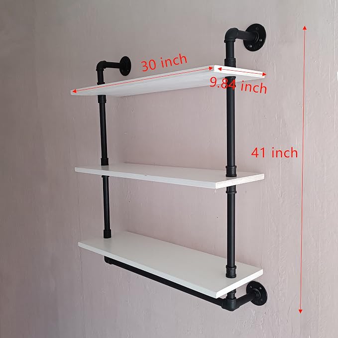 ROGMARS Industrial Pipe Shelving Floating Shelves with Towel Rack,3 Tier 30 inch Retro White Rustic Bathroom Shelves Farmhouse Pipe Wall Shelves for Kitchen Storage,Living Room