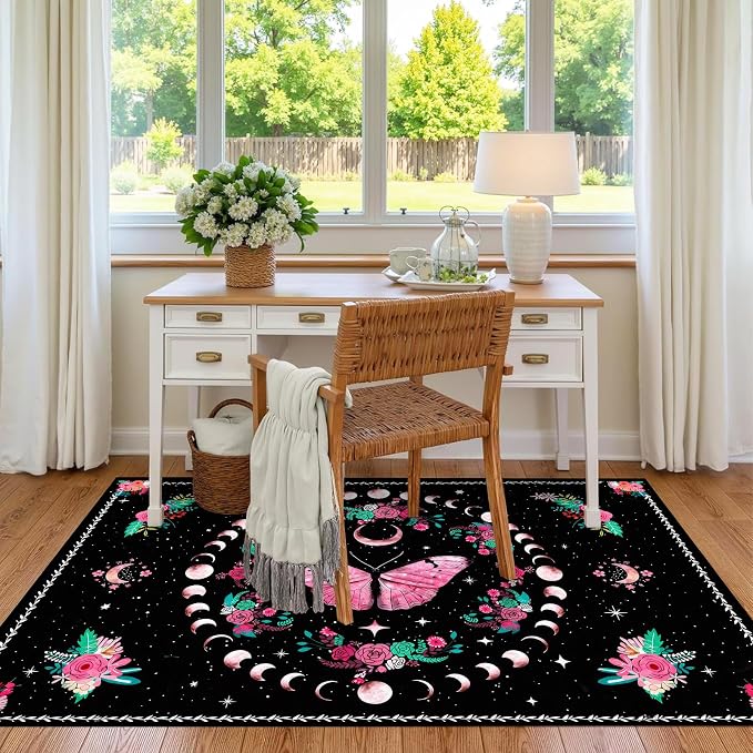 Pink Butterfly Area Rug 3'x5' Moon Phase Floral Rugs for Entryway Bedroom Living Room Kitchen Home Decor Boho Gothic Butterfly Carpet Non-Slip Washable Floor Mat
