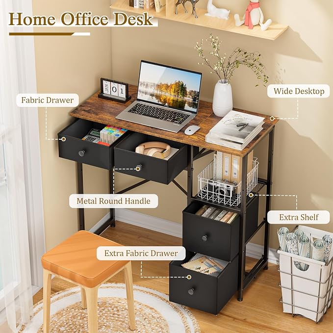 3IngSeagulls Small Computer Desk with 4 Fabric Drawers, Simple Writing Desk for Home Office, Compact Study Desks for Small Spaces, Kids Desk Study for Bedroom, Rustic Brown
