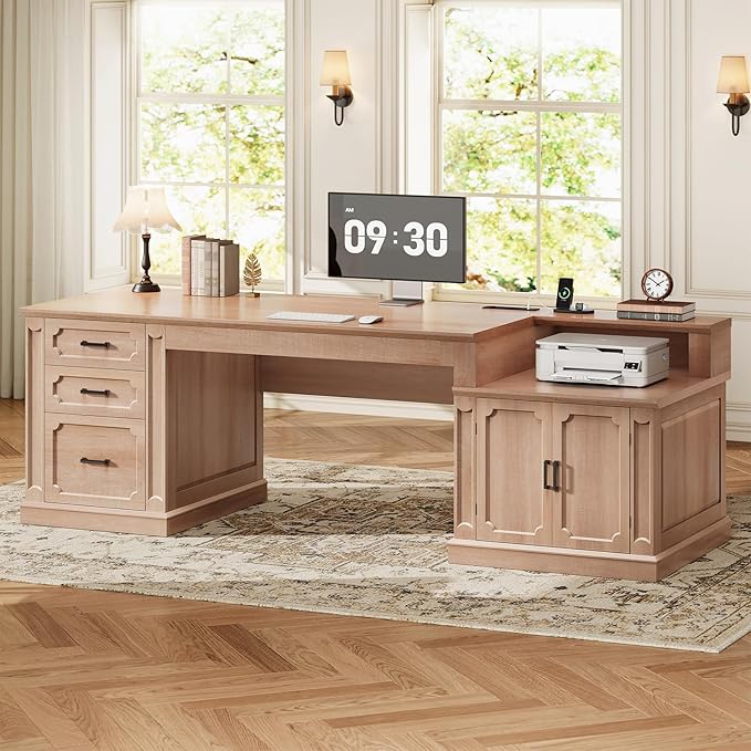 SEDETA Farmhouse 70.9" Executive Desk, Home Office Desk with File Drawers and Storage Cabinet, Computer Desk with Power Outlet for Home Office, Work Study Writing, Oak