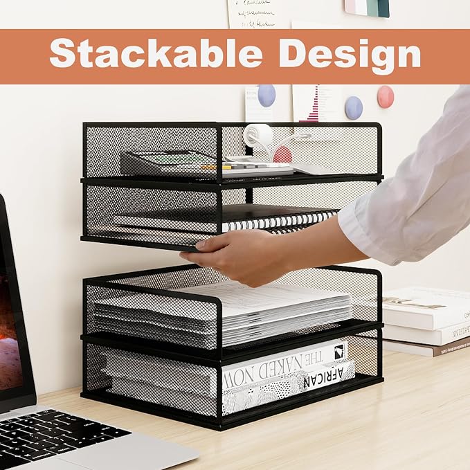 Natwind 4 Tier Letter Trays, File Trays for Desk Stackable,Desktop Paper Organizers for Office Supplies, Metal Mesh File Organizer，Office Organizer，Letter Trays for Home, Office, School，Black
