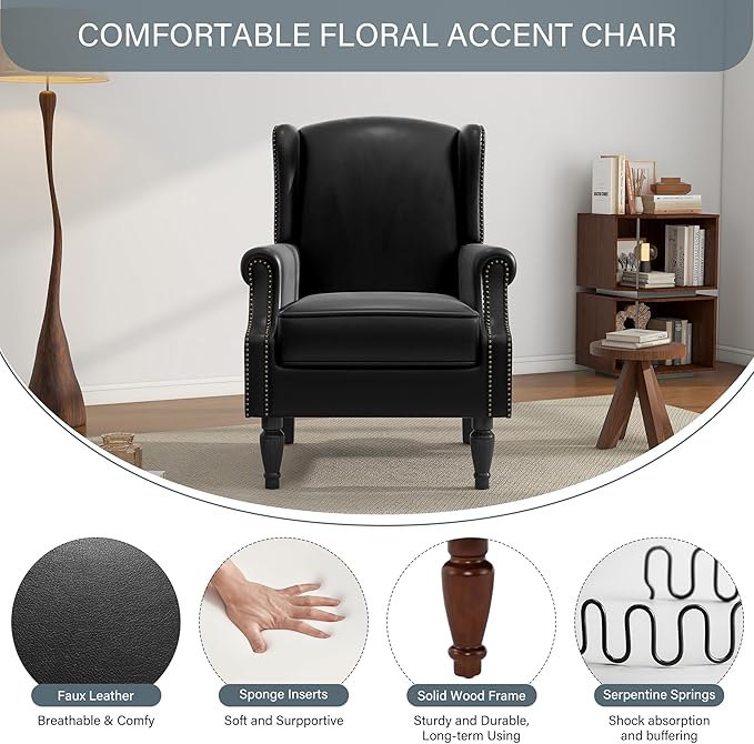 High Back Accent Chair, Faux Leather Wingback Chair Upholstered Armchair for Living Room - Black