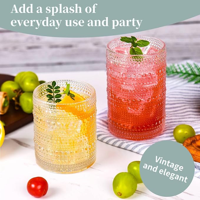 Colored Hobnail Drinking Glasses Set of 8，15 oz Vintage Highball Glassess & 12 oz Cocktail Glasses，Drinkware Kitchen Glasses for Cocktail, Iced Coffee, Beer, Ice Tea, Wine, Whiskey, Water