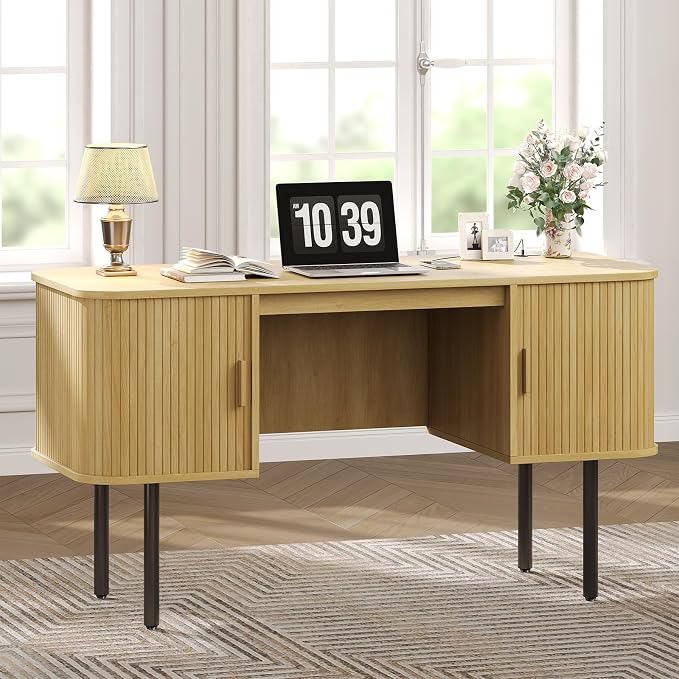 55 Inch Fluted Computer Desk with Power Outlets,Mid Century Wood Office Desk with Storge Cabinets & Sliding Door,Large Executive Desk for Office, Study, Living Room, Bedroom, Oak