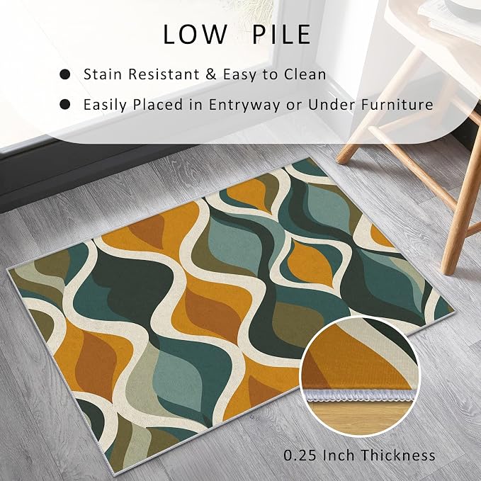 Mid Century Rug 6x9 Washable, 60s 70s Retro Wave Modern Abstract Area Rugs for Living Room 6 x 9, Non Slip Indoor Floor Carpet, Mid Century Bedroom Home Decor 5683T