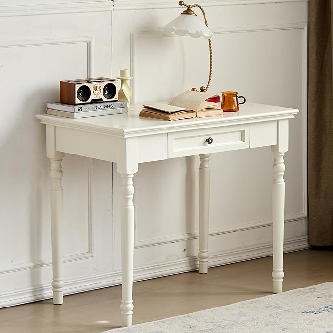 ADORZ Writing Desk with Drawers, 35 Inch French Country Desk Solid Wood Writing Desk for Home Office, Study Workspace or Bedroom (White, 35 inches)