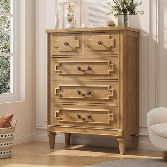 5 Drawer Dresser for Bedroom, 44" Tall Dresser & Chest of Drawers wtih Vintage Surface, Closet Storage Cabinet for Living Room, Hallway, Natural Oak