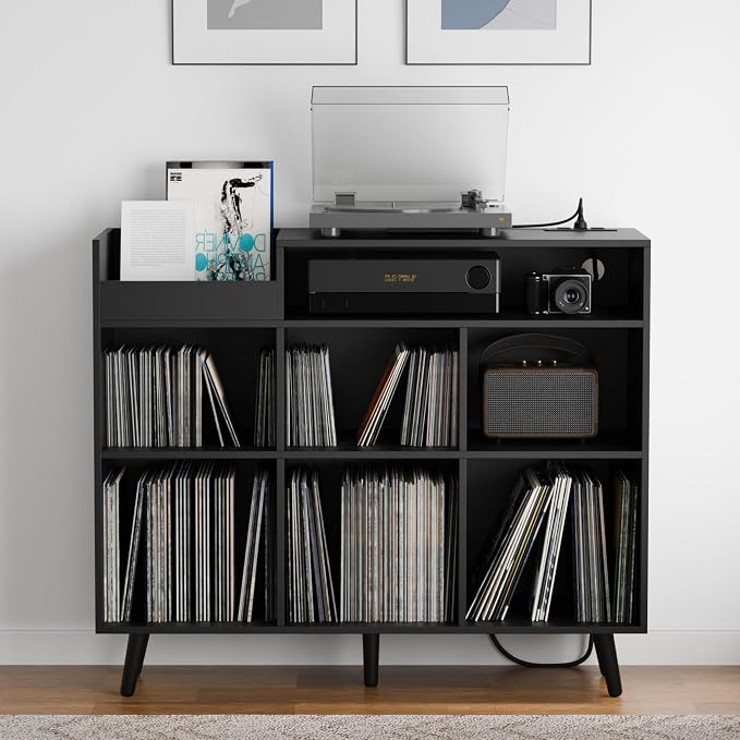 Cozy Castle Large Record Player Stand with Vinyl Storage Cabinet, Wood Turntable Table Open Shelf Holder Up to 500 Albums Cube Storage Organizer for Living Room, Office, Black