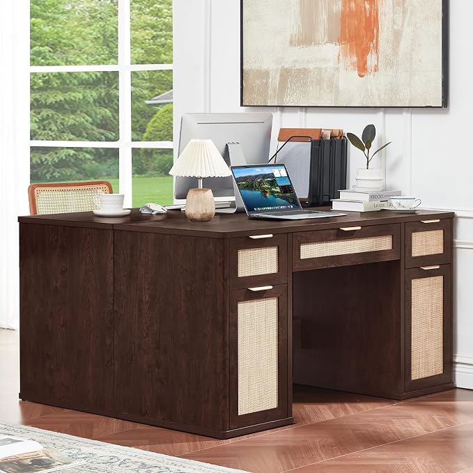 LEYAOYAO Office Desk 56" with 5 Drawers Storage File Cabinet Rattan Wood Desk for Computer Office Bedroom Home Furniture Dark Walnut