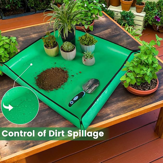 2 PCS 27 "x 27" Repotting Mat for Indoor Plant Transplanting and Mess Control Thickened Waterproof Potting Tray Foldable Succulent Potting Mat Portable Gardening Mat Green