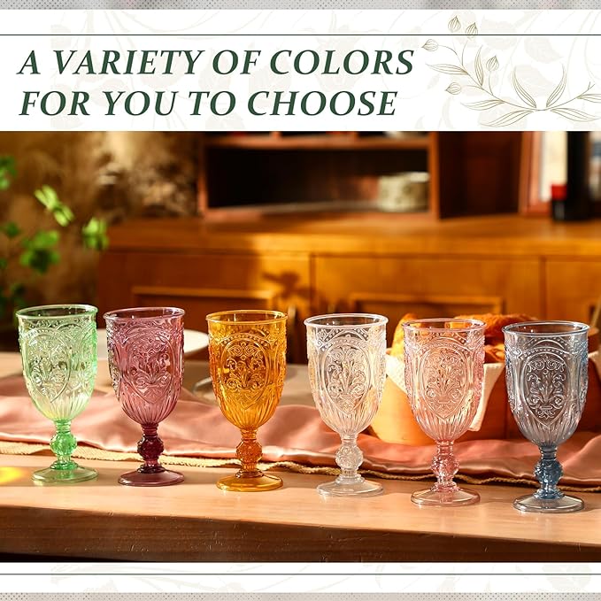 18 Pack Plastic Goblets 10oz Upgrade Vintage Water Goblet Plastic Wine Glasses Colored Retro Embossed Glassware for Party Wine Bar Juice Baby Shower Wedding Reception Grand (Amber)