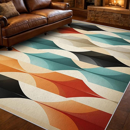 Mid Century Modern Area Rug 4x7, Washable Non Slip Low Pile Abstract Geometric Carpet for Living Room Bedroom Dining Room, Contemporary Retro Accent Rug, Ivory Teal Orange Black