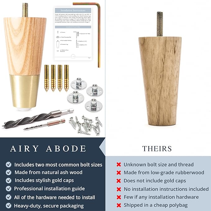 Premium Ash Wood Furniture Legs with Gold Caps (Full Install Kit) - Pick Your Size and Color