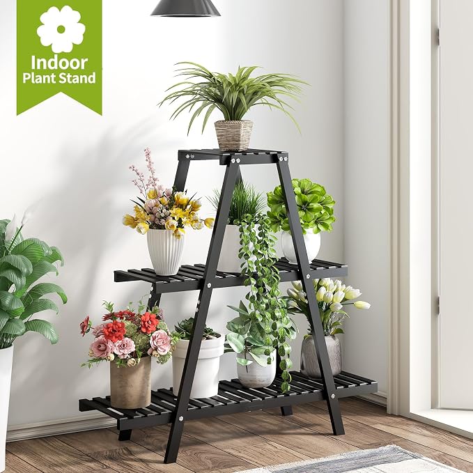BMOSU Plant Stand Bamboo for Indoor Outdoor Tiered Plant Shelf 8 Potted Flower Holder Ladder Rack Garden Balcony Living Room Patio(3 Tier Black)