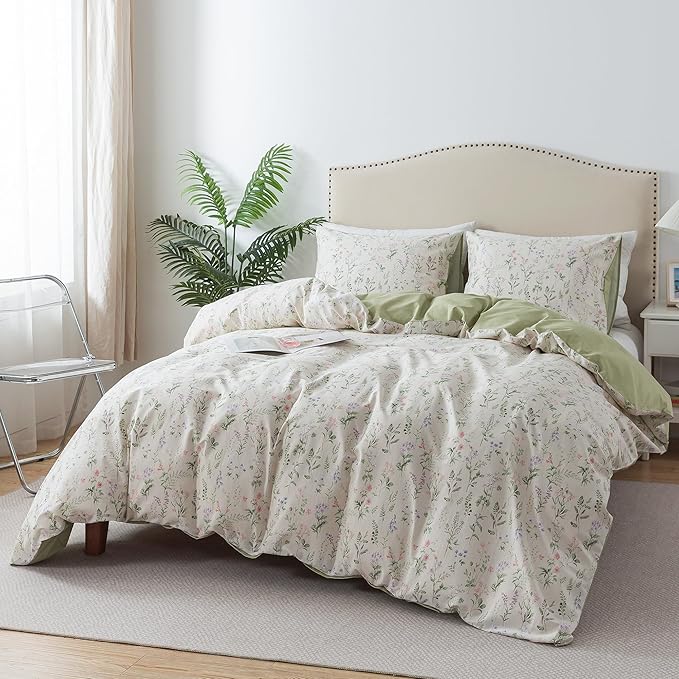 HoneiLife Floral Duvet Cover Queen - 100% Cotton Comforter Cover, Botanical Bedlinen Set for Queen Beds, 3-Piece Wildflower Comforter Cover Sets