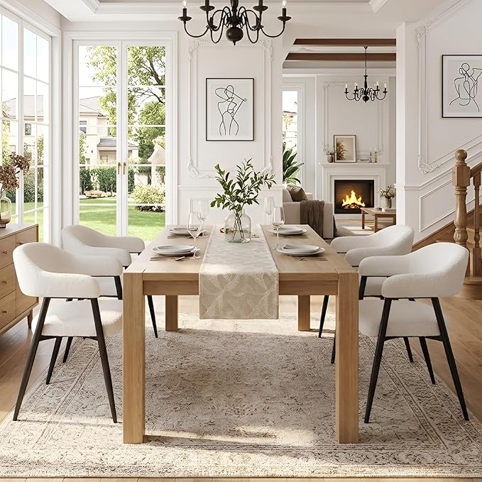 HNY Modern Dining Room Arm Chairs Set of 4, Faux Sherpa Boucle Upholstered Barrel Dining Chairs with Arms Mid-Century White Accent Chair with Metal Legs, Open-Back Kitchen Side Chair for Living Room
