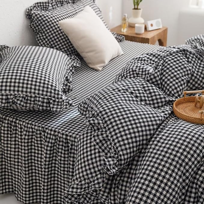 mixinni Black White Gingham Ruffle Duvet Cover Full Size 3 Pieces – 100% Washed Cotton, Vintage Plaid Ruffled Bedding Set with Zipper Ties, Soft Checkered Grid Farmhouse Chic Comforter Cover Set