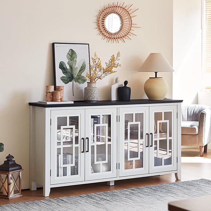 Large Sideboard Buffet Cabinet with Storage, 63" Farmhouse White Kitchen Coffee Wine Bar Cabinet with 4 Glass Doors, Wood Mid Century Modern Side Board Table for Dining Room, Living Room