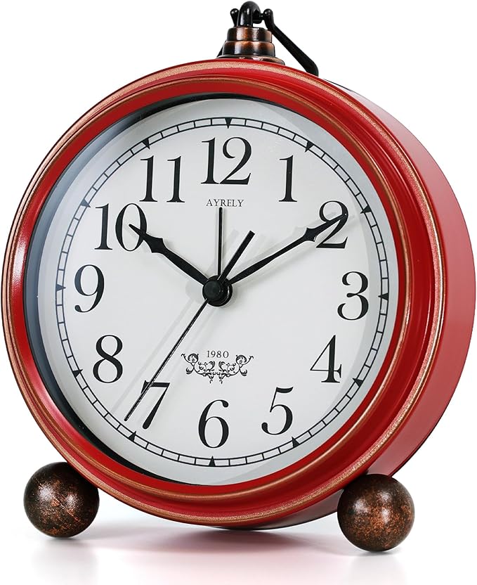 AYRELY® 5.3" Vintage Analog Alarm Clock, Battery Operated Metal Desk Clock, Retro Table Clock with Light for Living Rooms, Bedrooms, Shelf, Home Decor (Red-White)