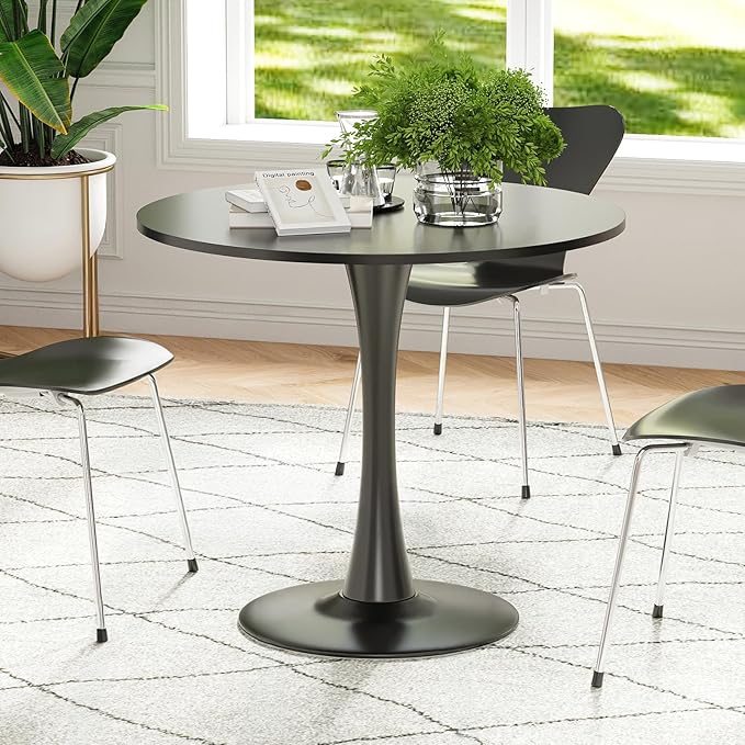 Soohow 31.5" Small Round Dining Table Seats Up to 2-4 People,Wood Tabletop Tulip Dining Table with Metal Pedestal Base