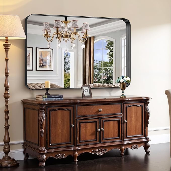 CIRCUMI Black Bathroom Mirror, 36"x55" Rectangular Mirror with Deep Metal Frame, Rounded Corner, Tempered Glass, Large Mirror for Wall, Over 2 Sinks, Installed Vertically/Horizontally, Crystal-Clear