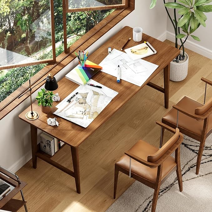 63" Solid Wood Office Desk, Mid-Century Modern Computer Desk with Storage Shelf, Large 2-Person Writing Study Table Workstation for Home Office, Walnut Finish