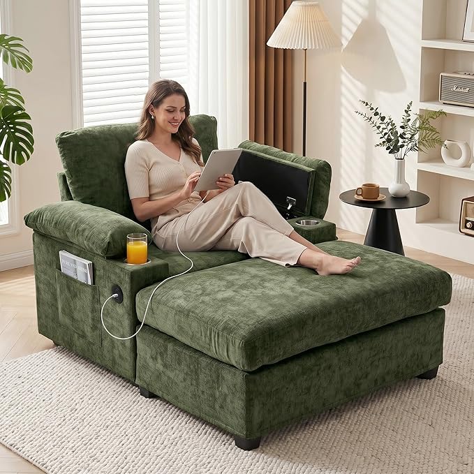 Oversized Chaise Lounge Chair with Ottoman and Cup Holders, Modern Sleeper Sofa with USB Charging Ports for Living Room and Bedroom, Convertible Small Sofa (Green)