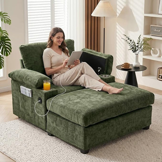 Oversized Chaise Lounge Chair with Ottoman and Cup Holders, Modern Sleeper Sofa with USB Charging Ports for Living Room and Bedroom, Convertible Small Sofa (Green)