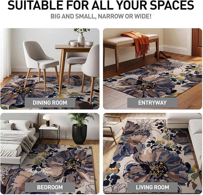 Rugshop Cream Bright Flowers Non Slip Non-Shedding Area Rug for Living Room, Dining Room and Large Areas, 7'10" x 10'
