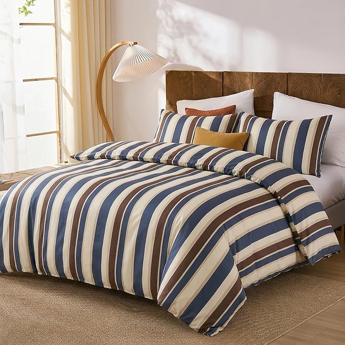 Merryword 100% Cotton Duvet Cover Set Queen Size - Vintage Blue Cabana Striped Bedding Set with Zipper & Corner Ties, 3-Piece Luxury & Silky Soft Bedding Set for All Seasons