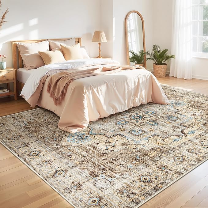 Area Rug 8x10 Vintage Rug: Large Washable Indoor Medallion Rugs Low Pile Distressed Floor Carpet Retro Accent Rug for Living Room Bedroom Kitchen Dining Table Home Office(Brown/Blue, 8'x10')
