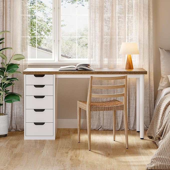 LITTLE TREE Computer Desk with 5 Drawers, 47 Inch Modern Simple Study Writing Desk with Metal Frame, Work Desk for Home Office, Rustic Brown and White