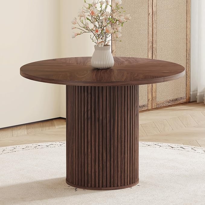 42" Round Dining Table for 4-6,Mid Century Modern Dining Room Table with Walnut Wood Grain,Rustic Kitchen Table with Round Pedestal for Dining Room Kitchen