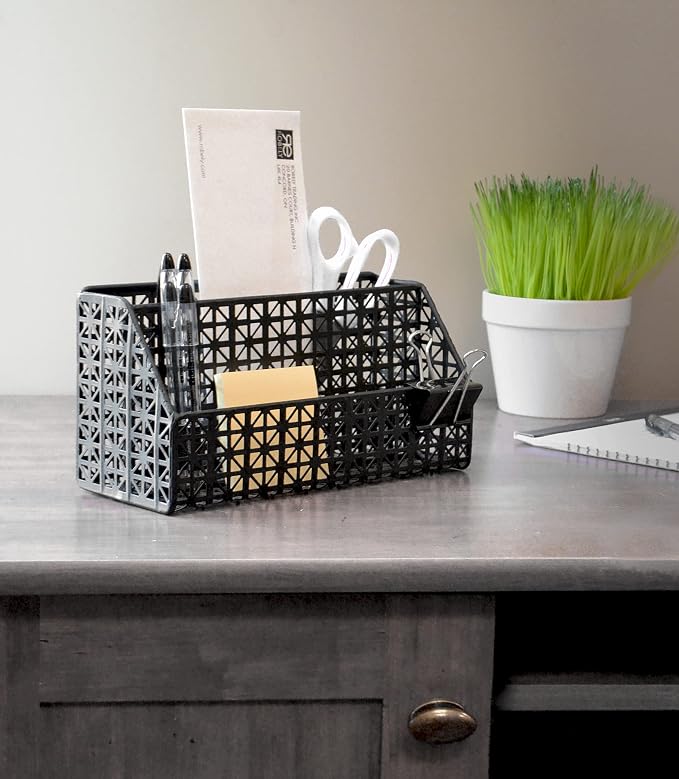 AQ Desk Organizer for Home/Office, Multi-functional, 2 Compartments for Holding Supplies/Accessories, Laser Cut Lattice Metal Design - Matte Black