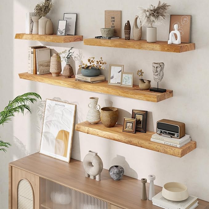 Extra Deep 32" Long Live Edge Rustic Floating Shelves for Wall, Solid Wood Wall Shelves with Invisible Bracket Mount for Living Room Bathroom Bedroom Kitchen, Set of 2, Natural