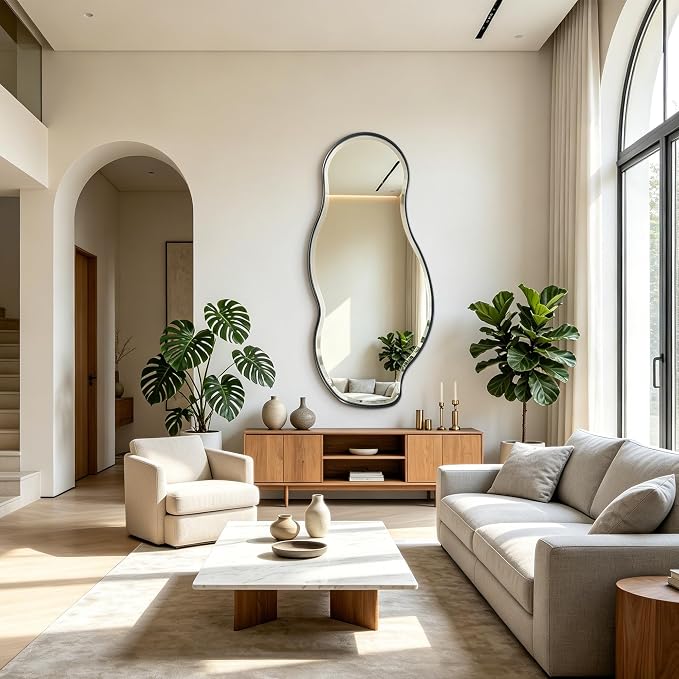 POZINO Large Irregular Beveled Mirror, 63"x28.5" Asymmetrical Accent Wall Mirror with Metal Frame, Organic Full Length Mirrors for Entryway Hallway Living Room Bedroom, Horizontal/Vertical Hanging
