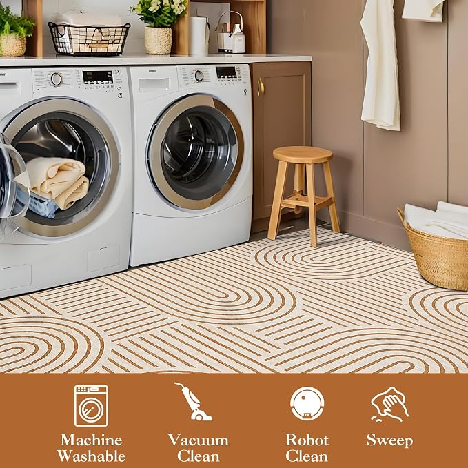 9x12 Area Rug Washable Modern Abstract Rugs for Living Room Non Shedding Soft Bedroom Boho Carpet Ultra-Thin Low Pile Living Room Floor Covers Abstract Line Carpet for Playroom Kids Room, Orange