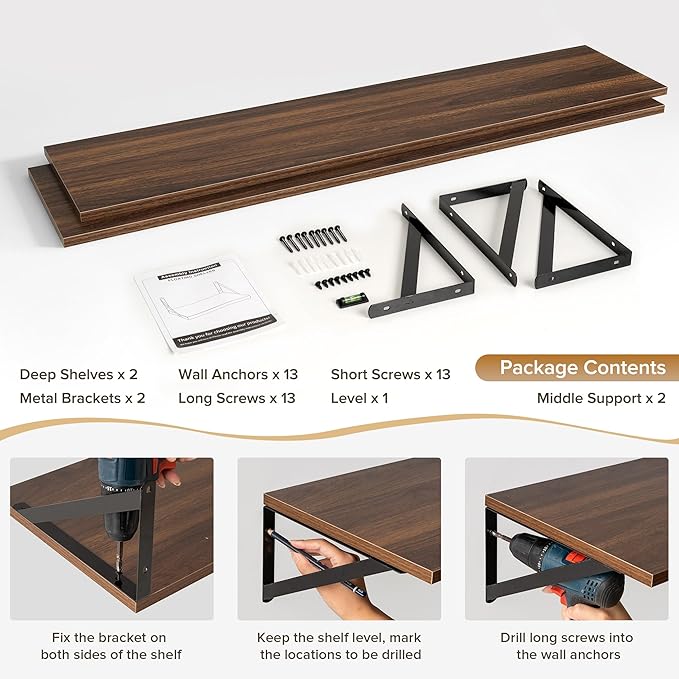 Deep Floating Shelves Wall Mounted, 55"x12" Walnut Wall Shelves with Brackets Set of 2 for Bedroom, Living Room, Bathroom, Kitchen, Office - Storage & Display Shelf for Decor, Books, Plants