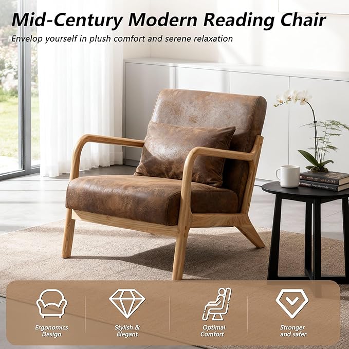 Set of 2 Mid Century Modern Lounge Chair with Wooden Frame & Gold-Embossed Upholstery, Vintage-Inspired Accent Chair with Pillow, Modern Living Room Chair for Stylish Home Interiors