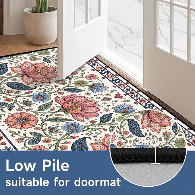 4'x6' Boho Floral Area Rug Vintage Colorful Botanical Carpet Non-Slip Washable Rugs for Bedroom Living Room Nursery Kitchen Playroom Home Decor